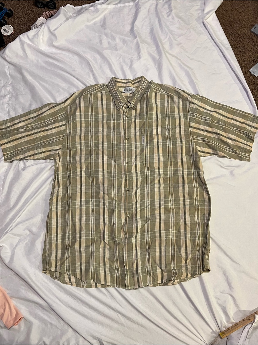 Columbia Short-Sleeve Plaid Button-Down Shirt in Olive and Tan